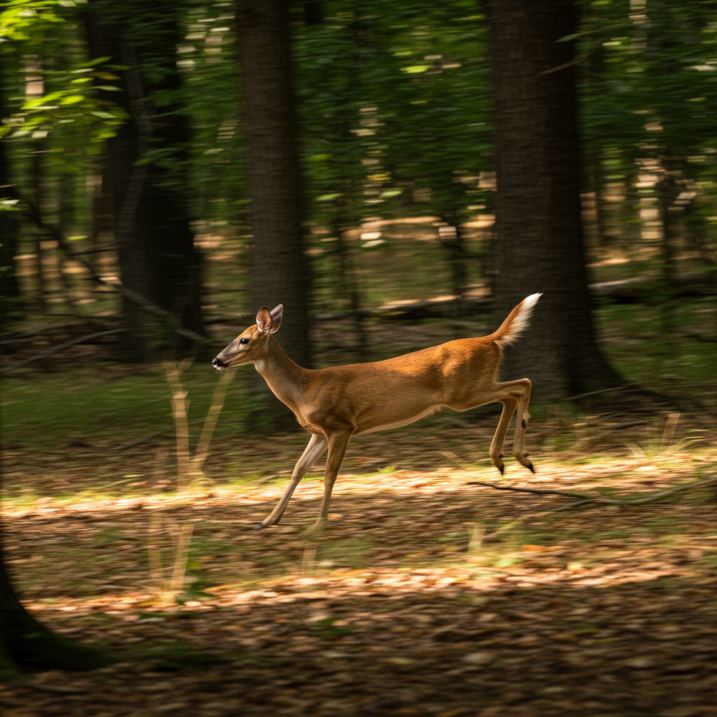 Что получилось: Олень бежит по лесу: «fast shutter speed, movement tracking»